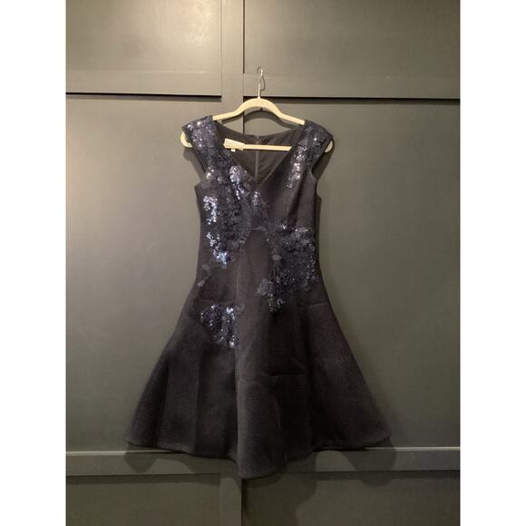 rickie freeman teri jon a line navy sleeveless floral sequin applique dress 2 - Picture 2 of 13